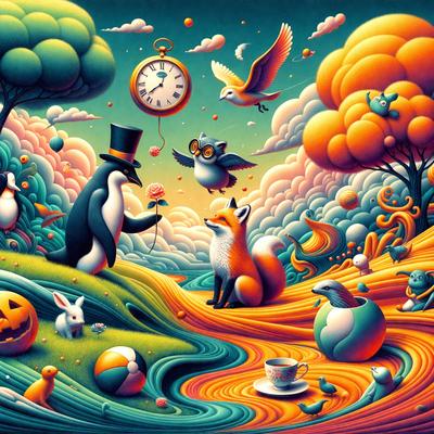 The primary subject of the image is a group of animals, including a penguin, a fox, and a bird, gathered together in a whimsical and colorful scene. The setting is a lush, vibrant landscape with trees, flowers, and a clock. The visual style is a mix of digital art and illustration, creating a unique and imaginative atmosphere. The colors and mood are predominantly bright and cheerful, with a sense of playfulness and creativity.